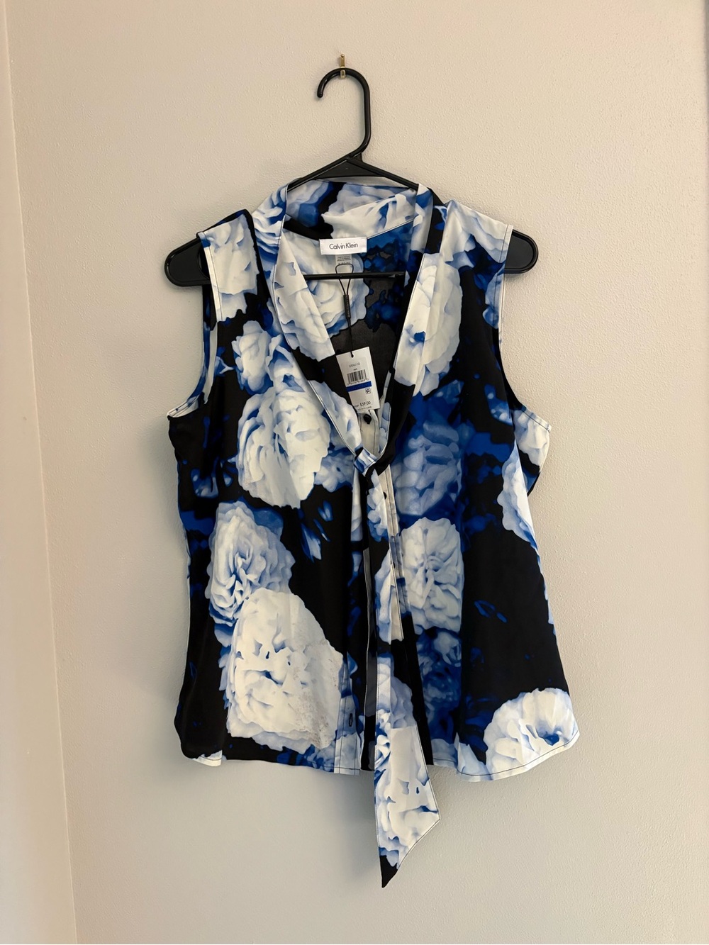 Calvin Klein Black, Blue & White Floral Tie-Neck Sleeveless Camisole